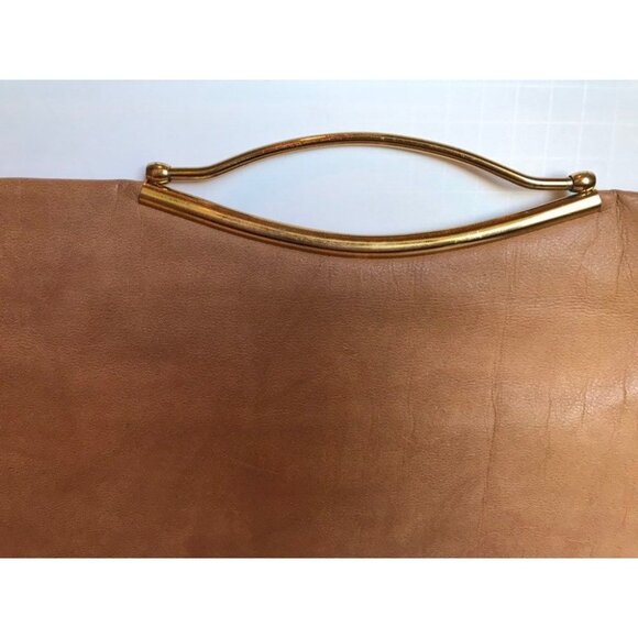 Vintage Tan Leather Flat Purse Envelop Handbag Gold Handle Brass Snap Closure - Picture 3 of 6